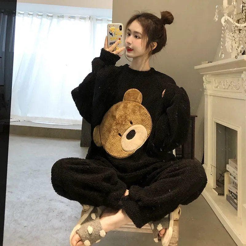 Autumn and Winter Warm Pajamas Suit Long-sleeved Women's Trousers Soft Loose Jacket Home Coral Velvet Suit 6XL black