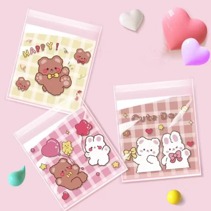 100Pcs Cute Little Bear And Bunny Printed Self-sealing Bag Transparent Cute Little Cartoon Opp Bag Festival Gift Small Bags 7x7cm