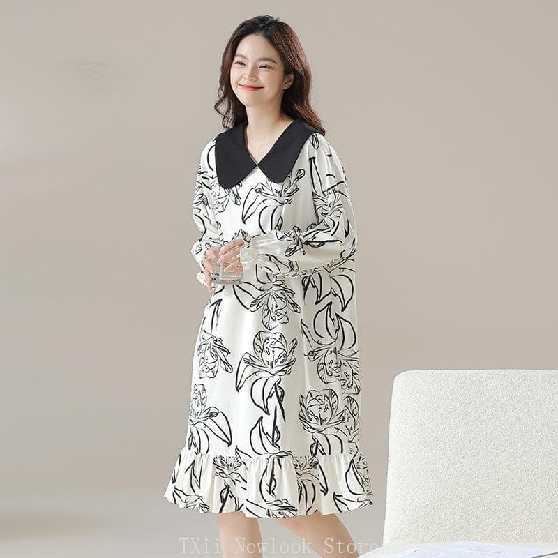 Spring and Summer Women's Nightgown Pure Cotton Pull Frame Pure Cotton Mid-length Skirt Fat Mm Plus Size Nightgown L