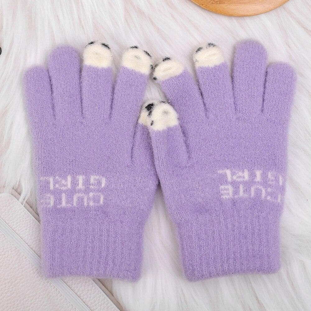 Cute Winter Warm Gloves Women Girls Winter Fluffy Knitted Gloves Wool Touchscreen Full Finger Mittens purple