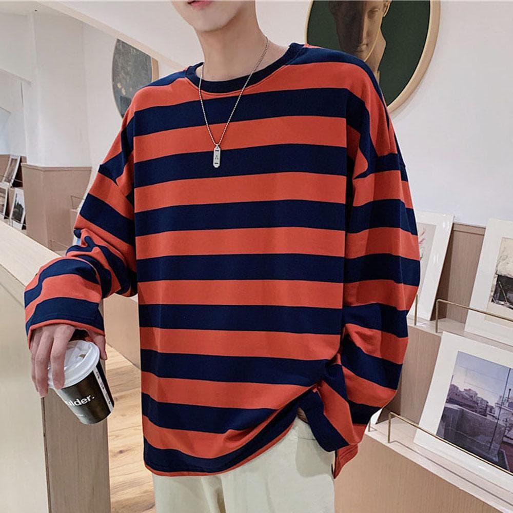 Spring Autumn Striped T Shirts Men Casual Long Sleeve Tshirt Male Loose Pullovers Tops Man Winter T-shirt For Men Clothing L