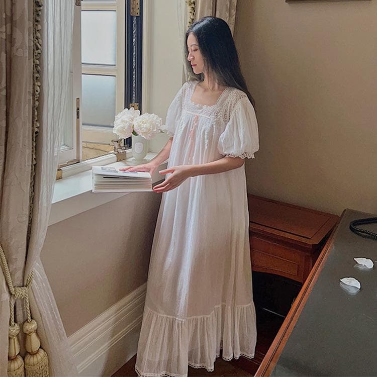 Women's Short-sleeved Nightgown Summer Pure Cotton Embroidered Women's Pajamas Solid Color Summer Pajamas for Women M beige