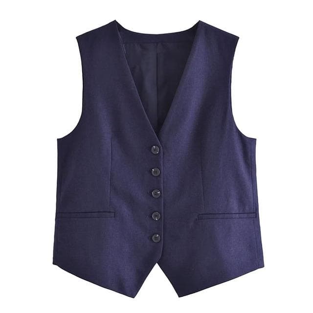 Willshela Women Fashion Solid Single Breasted Vest Waistcoat Vintage V-Neck Sleeveless Female Chic Lady Tank Tops L navy blue