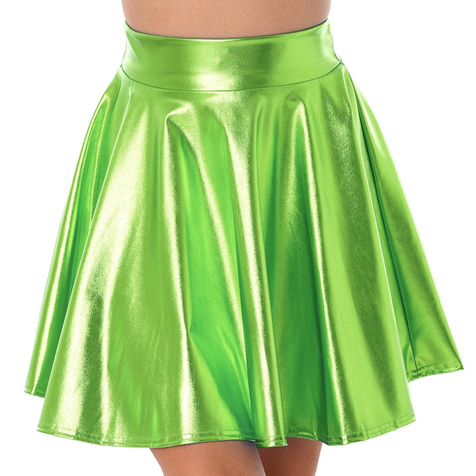 Womens Shiny Metallic Ruffle Glossy Mini Skirts Punk Party Clubwear Streetwear High Waist Flare Skirt Rave Cocktail Costume S green
