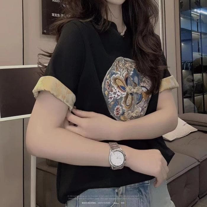 New Chinese Style Chinese Style T-shirt Contrasting Versatile Top 5XL