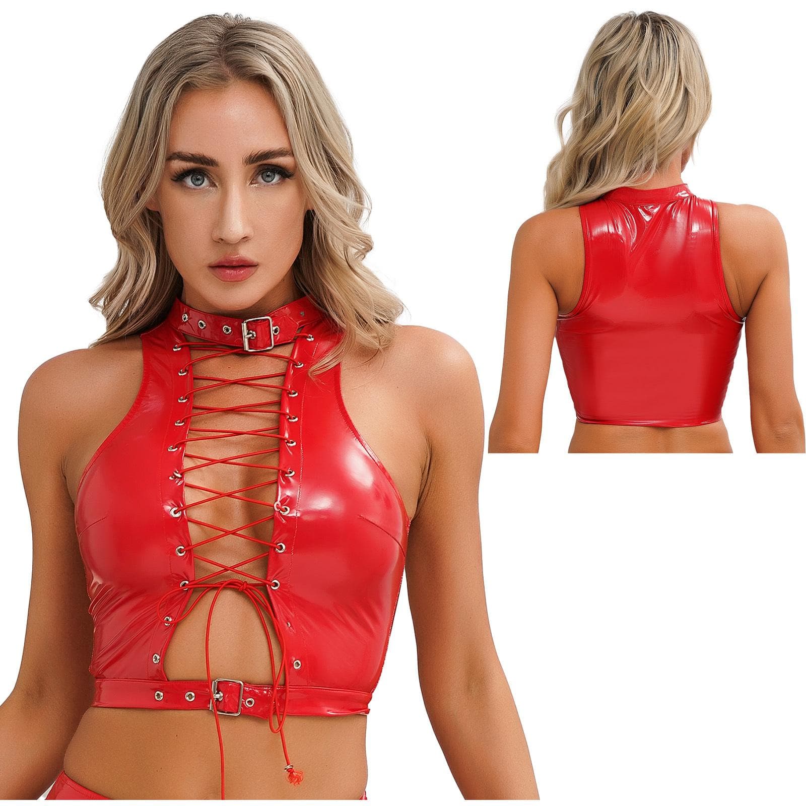 Women's Patent Leather Sleeveless Crop Tops Gothic Punk Top Hollow Out Lace-up Top XXL red