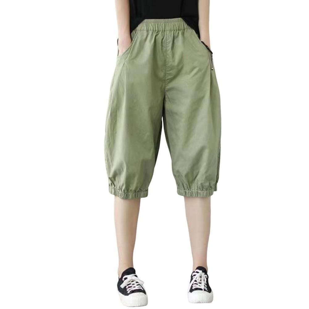 Women Shorts Streetwear Women's Knee-length Shorts with Elastic Waistband for Summer Loose Fit Solid Color Pants for Casual L light green