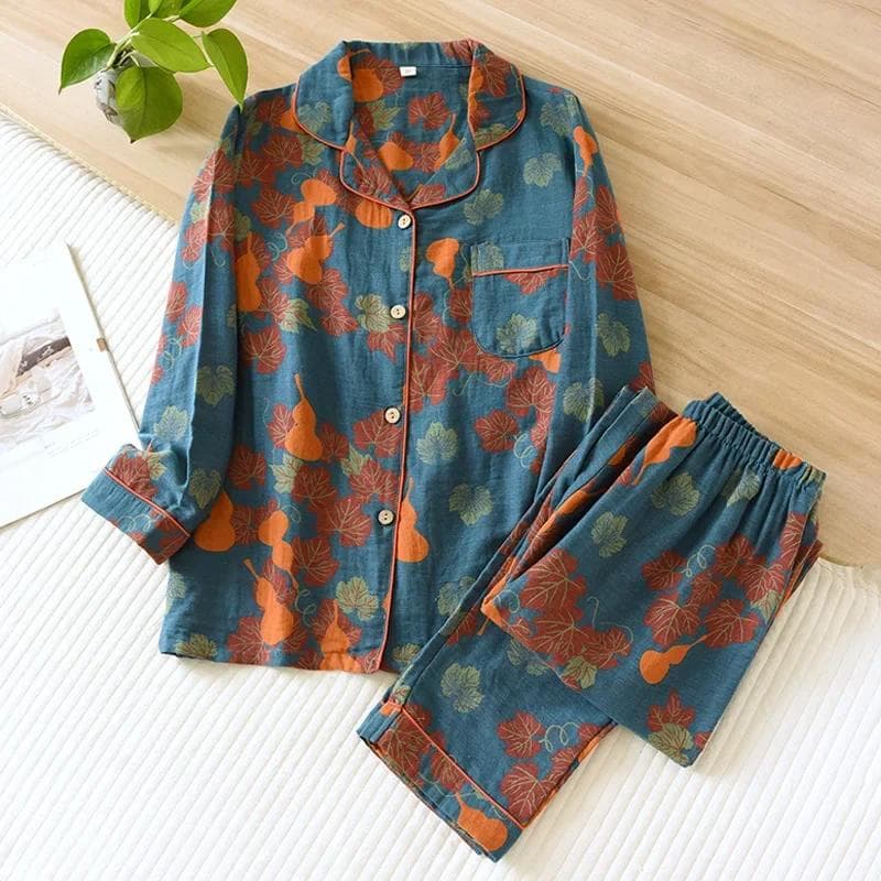 Japanese Spring and Autumn New Women's Pajama Set 100% Cotton Vintage Long Sleeved Pants Two Piece Set for Home Furnishings XL