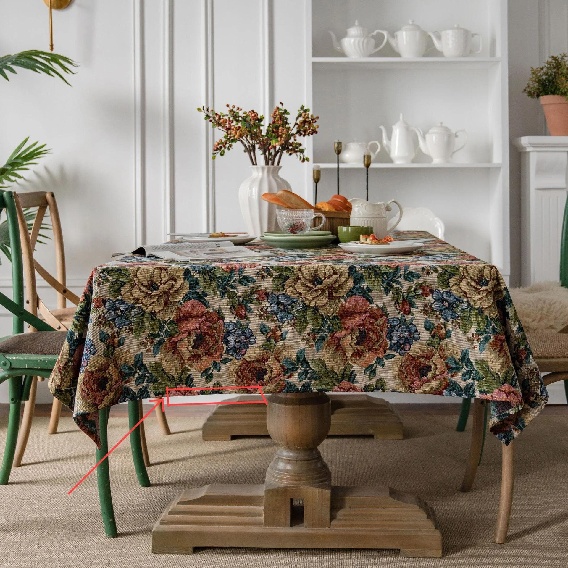 Tassel Edge Cotton Linen Table Cover Red Holiday Jacquard Dining Tablecloth Flower Pattern Dustproof Tablecloth Background Cloth 140x200cm 1pcs