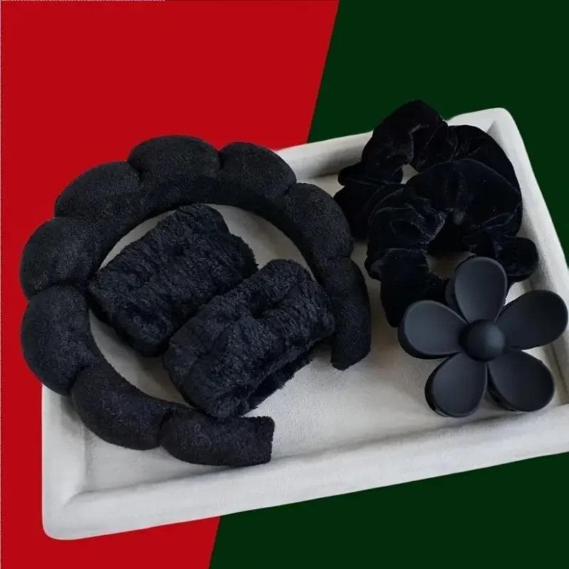 6pcs/set Women's SPA Hairband Set, Headband Hair Hoop Claw Clip Velvet Hair Rope Wrist Strap For Washing Face Skincare Makeup Wear Size fits all black
