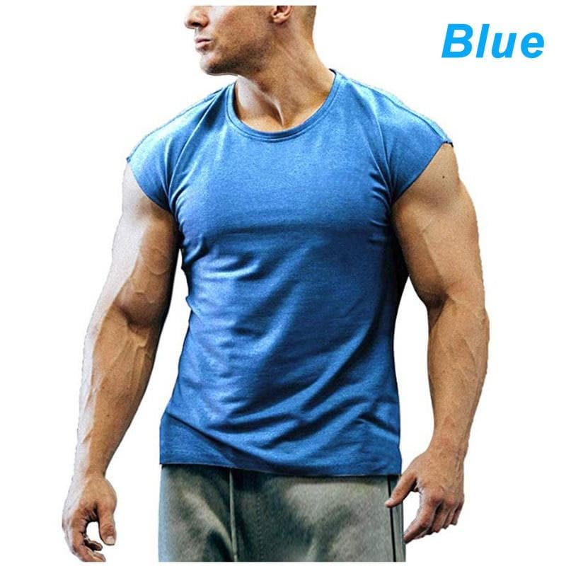 Men's T-Shirts Fashion Short Sleeved Fitness Bodybuilding Shirt For Men Workout Slim Fit Cotton tee tops L blue