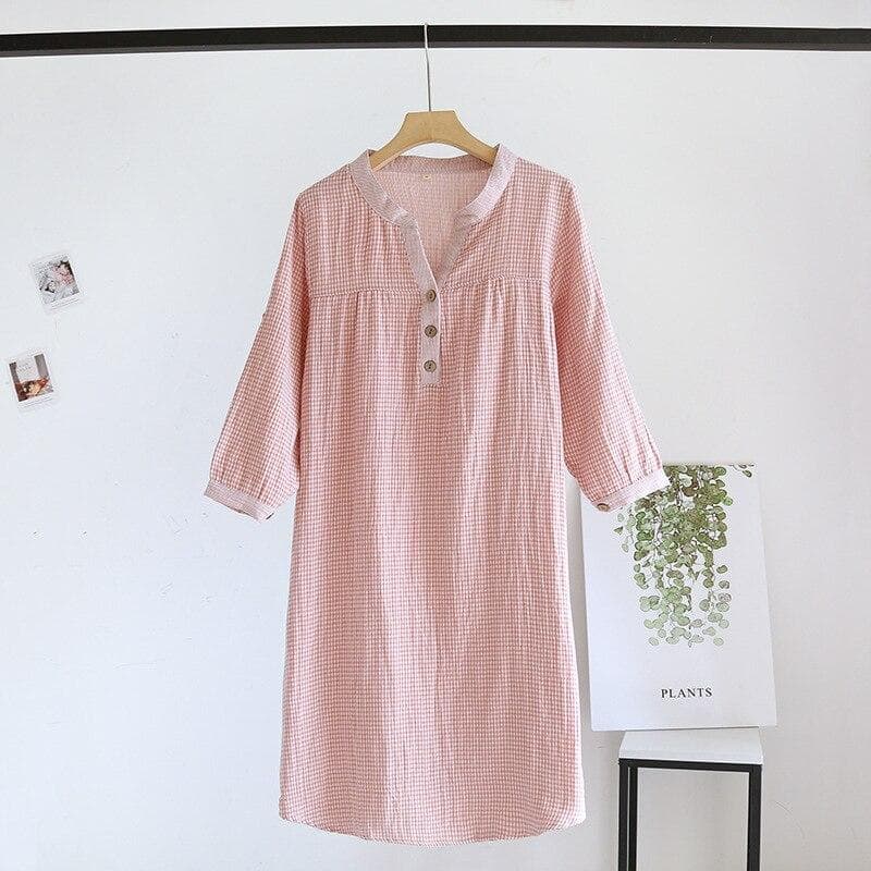 Spring and autumn new women's long skirt 100%cotton gauze plaid nightdress long-sleeved home skirt simple V-neck skirt nightgown XL pink