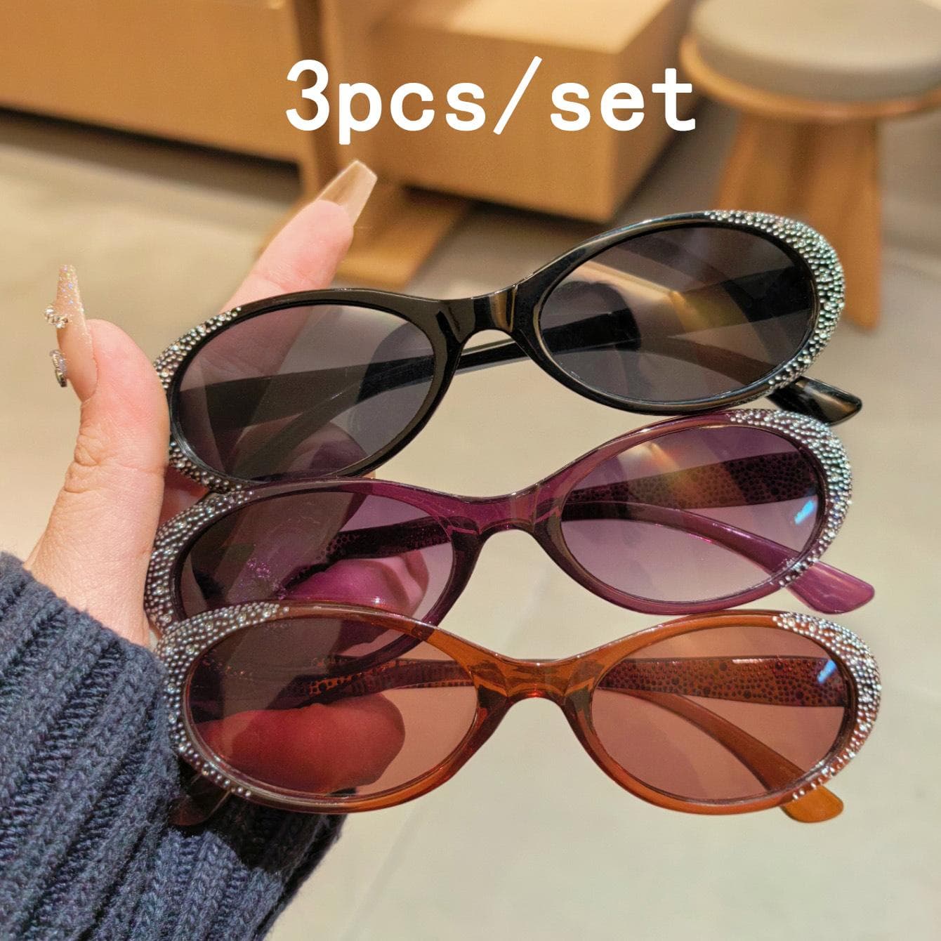 Vintage 3pcs Oval Sunglasses For Women Men Round Sun Glasses Female Oval Eyewear Unisex Retro Shades MULTI