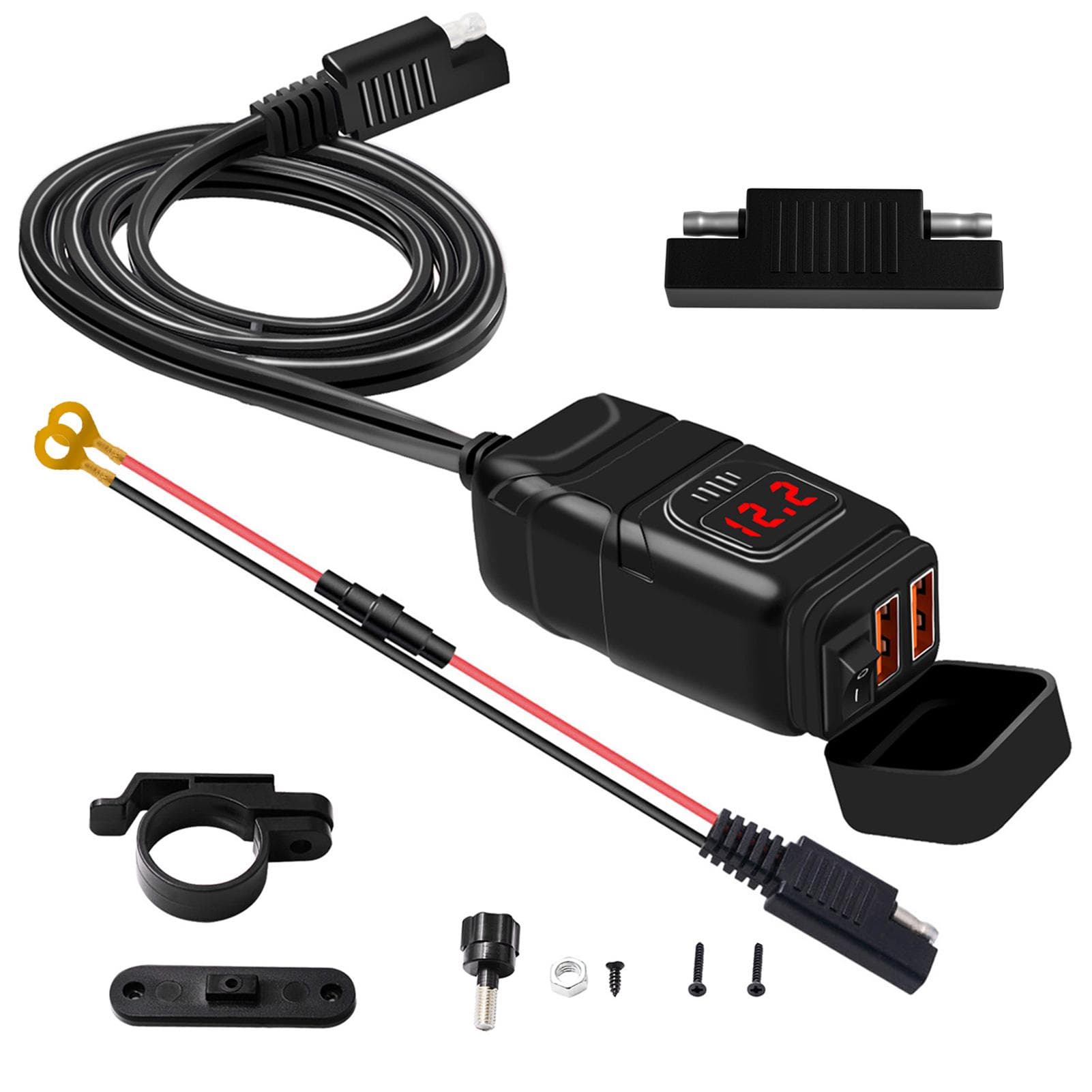 Motorcycle USB Charger Super Fast Charger QC3.0 Dual USB Port with Voltmeter ON/Off Switch red