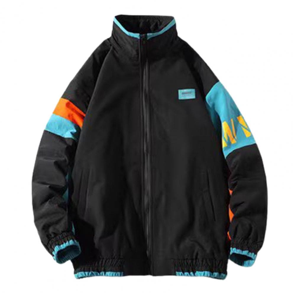Men Women Loose Jacket Retro Stand-up Collar Long Sleeve Street Baseball Jacket Coat Color Blocking Lovers Coat for Autumn Winte M black
