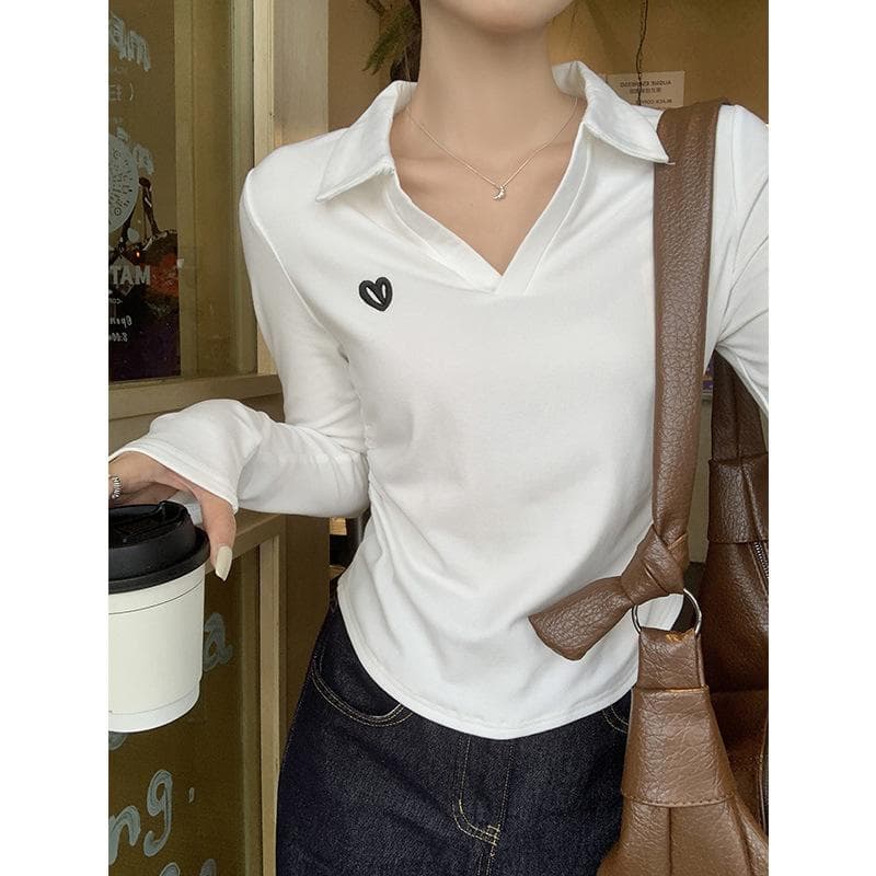 Autumn Polo Lapel Front Shoulder Long Sleeve Women's T-shirt Pleated Curved Hem Slim Inner Bottom Shirt Top XL