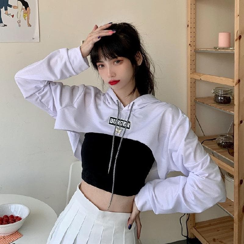 High Waist Shirt Hoodies Women's Hooded Loose Short Cropped Long-sleeved Jazz Blouse Thin Hooded Clothing L white