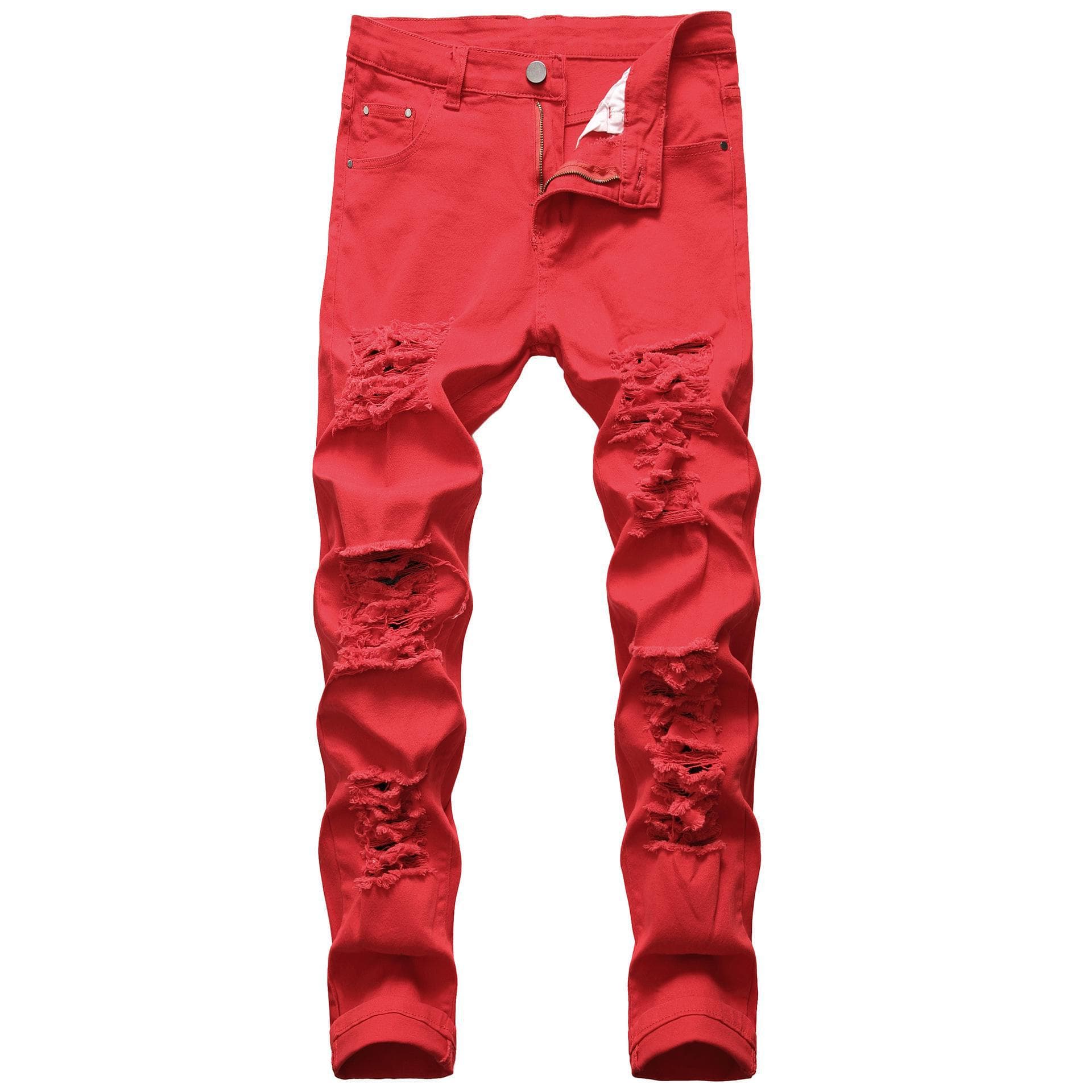 Men's Slim Fit Stretch Denim Jeans with Distressed Holes - White 42 red