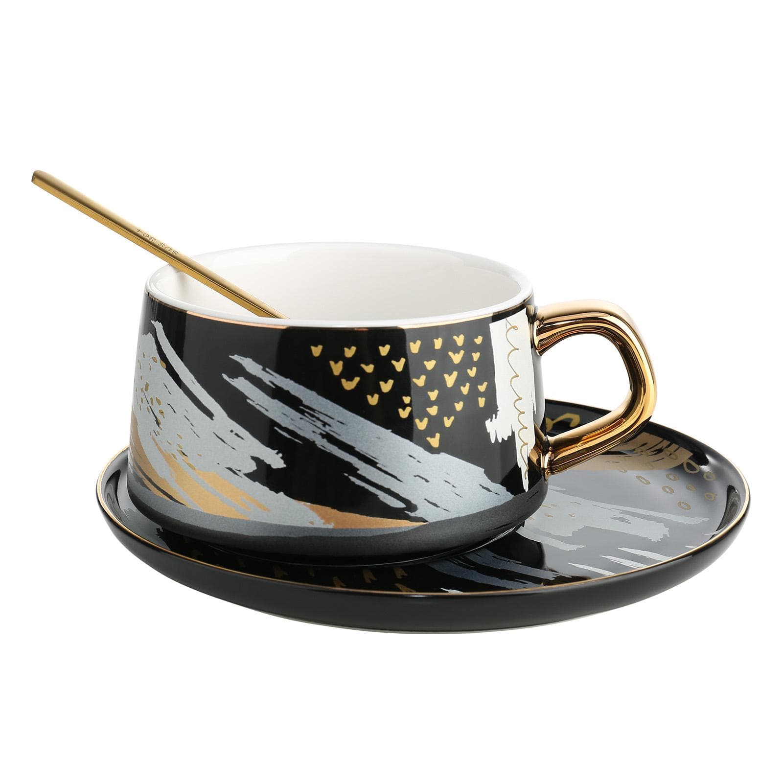 Tooarts Coffee Cup and Saucer Set Ceramic Tea Cup Gift Packaging 304 Steel Spoon Cups for Office or black