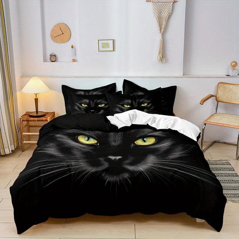 3pcs Duvet Cover Set, Black Cat Print Bedding Set, Soft Comfortable Duvet Cover, For Bedroom, Guest Room Eu Single135x200cm