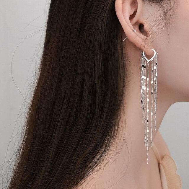 ANENJERY 925 Sterling Silver Shiny Long Tassel Chain Earring For Women Light Luxury Earline Heart Earbuckle Whole