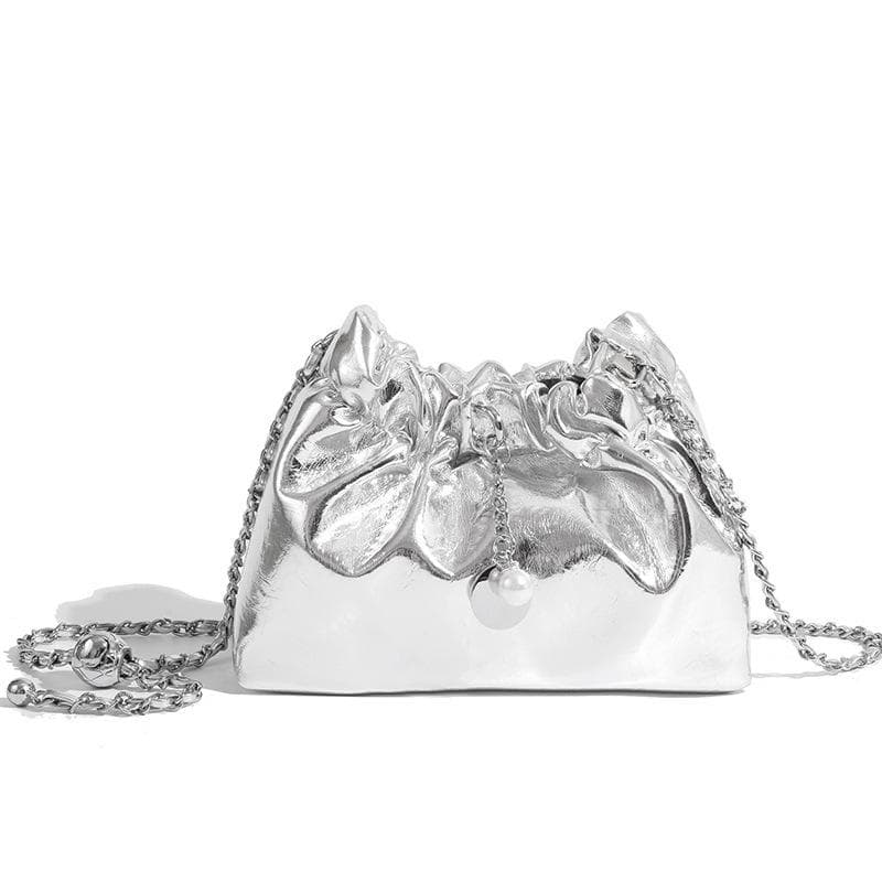 Women's Light Luxury Pleated Cloud Bag, Chain Crossbody Bag, Fashionable and Versatile Single-shoulder Bucket Bag silver