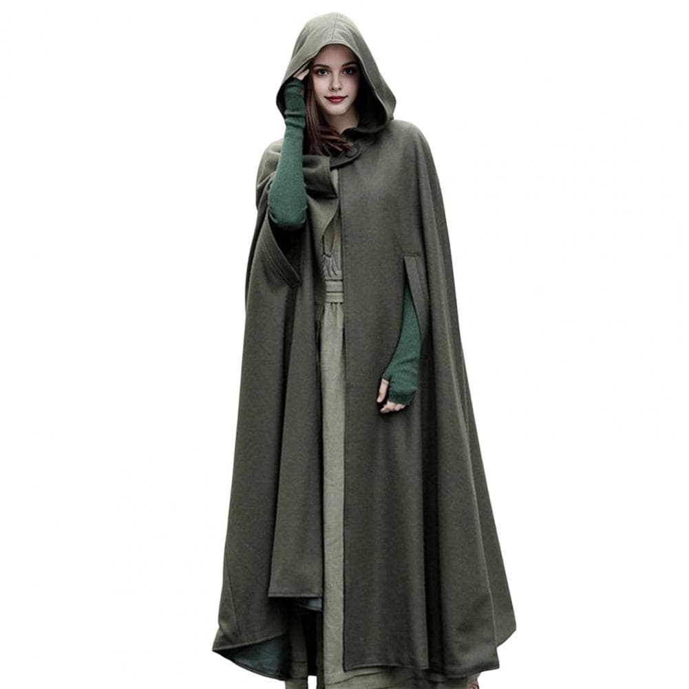 Winter Women Jacket with Hood Medieval Retro Cape Gothic Keep Warm Shawl Ankle Length Loose Cloak Thick Single Button Closure Ou M army green