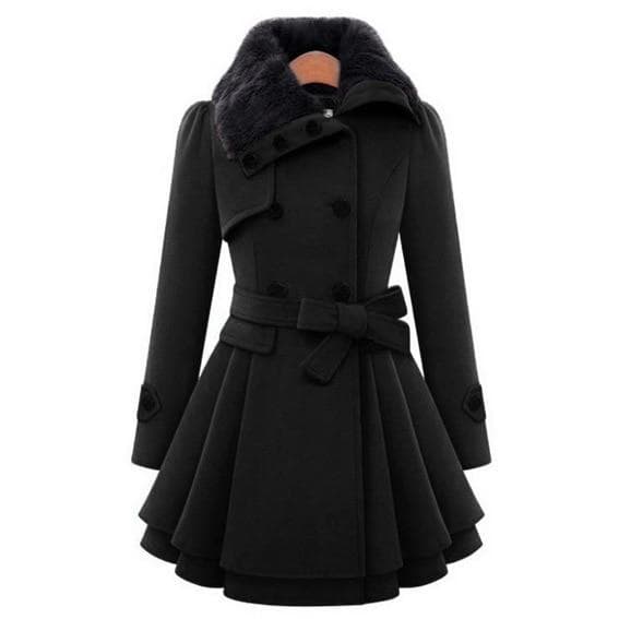 Women Vintage Woolen Coat Slim Trench Coats Lady Fur Collar Winter Woolen Coat Jackets Outwear XXL black