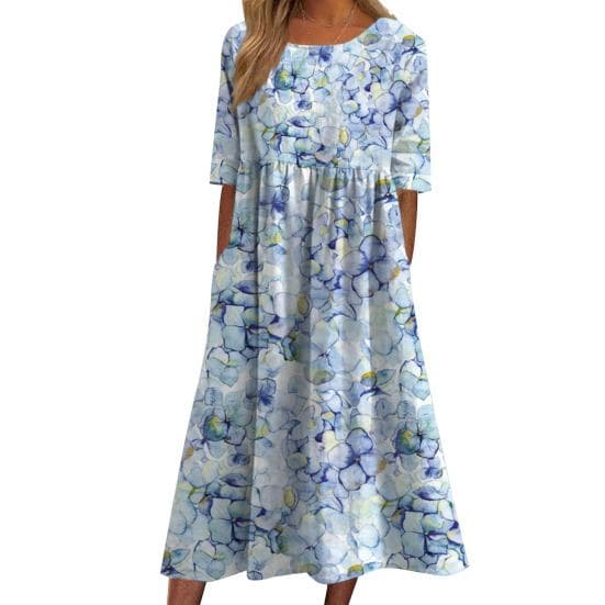Women Dress Round Short Sleeves Hem Print A-line Loose Neck Floral Side Pockets Mid-calf Length XL blue