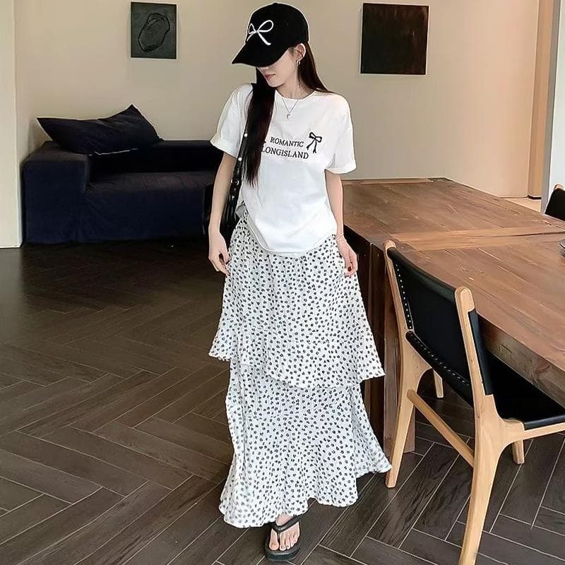 Korean Retro Small Floral Skirt Women's Summer New Side Split Elastic High Waist A-word Cake Dress XL white