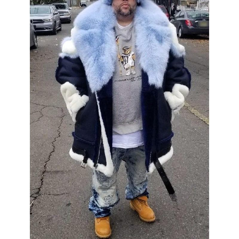 Men's Imitation Fur One-piece Long Large Fur Collar Men's Jacket 4XL blue