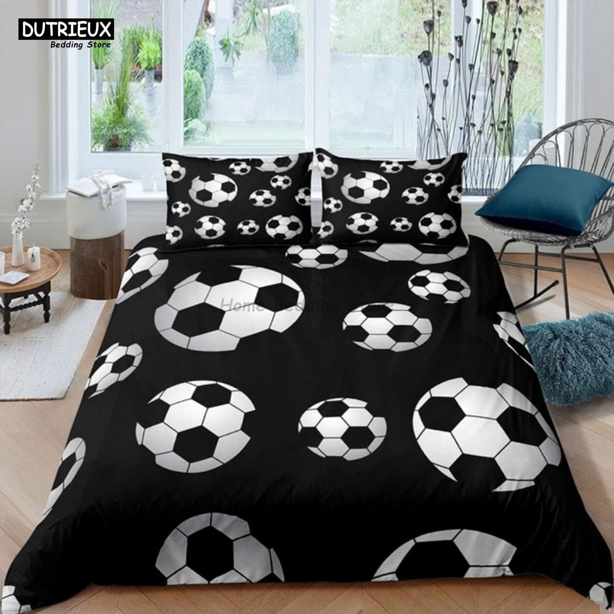 White Black Football Bedding Set Ball Sports Bed Linen Double Queen King Twin Full Size Boys Teens Soccer Duvet Cover Set Gifts EU single(135x200cm)