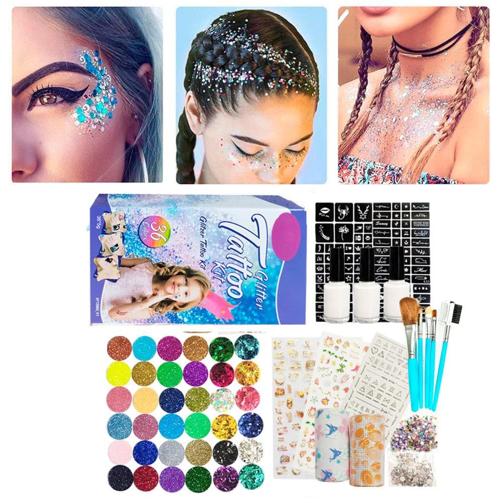 Glitter Tattoo Kit Temporary Tattoo Set 24 Glitter Colors 93 Patterns Templates Body Nail Glitter