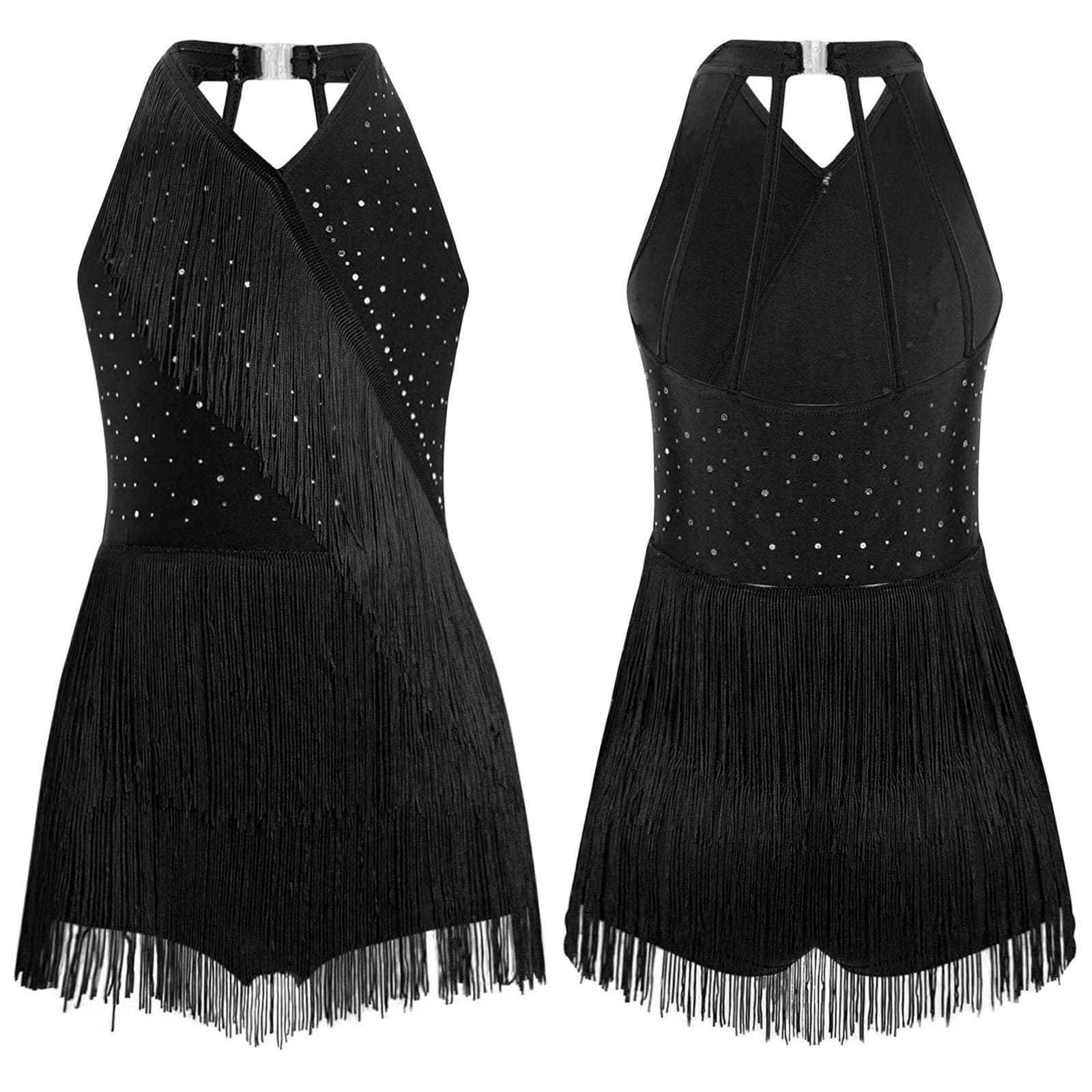Kids Girls Latin Leotard Dress Dance Costume Rhinestones Fringe Bodysuit Skirted Dress Halter V-neck Sleeveless Tassel Jumpsuit 5-6 Years black