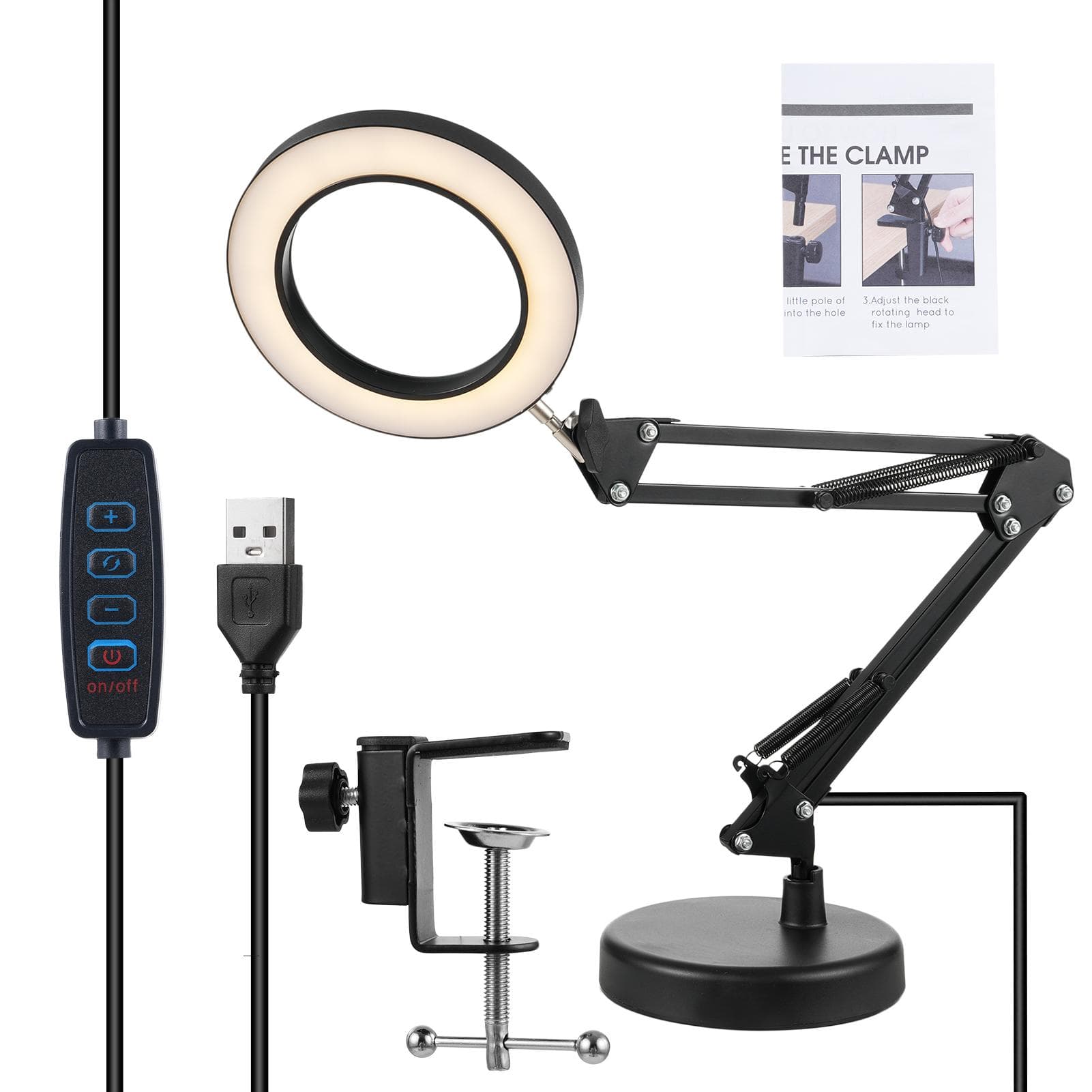 10X Magnifying Glass with Light Stepless Dimmable 2-in-1 Desk Lamp and Clamp Adjustable Swing Arm black
