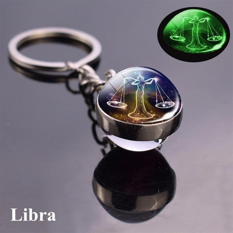12 Constellation Luminous Keychain Glass Ball Pendant Zodiac Keychain Key Chain Holder Men Women Birthday Gift Libra blue