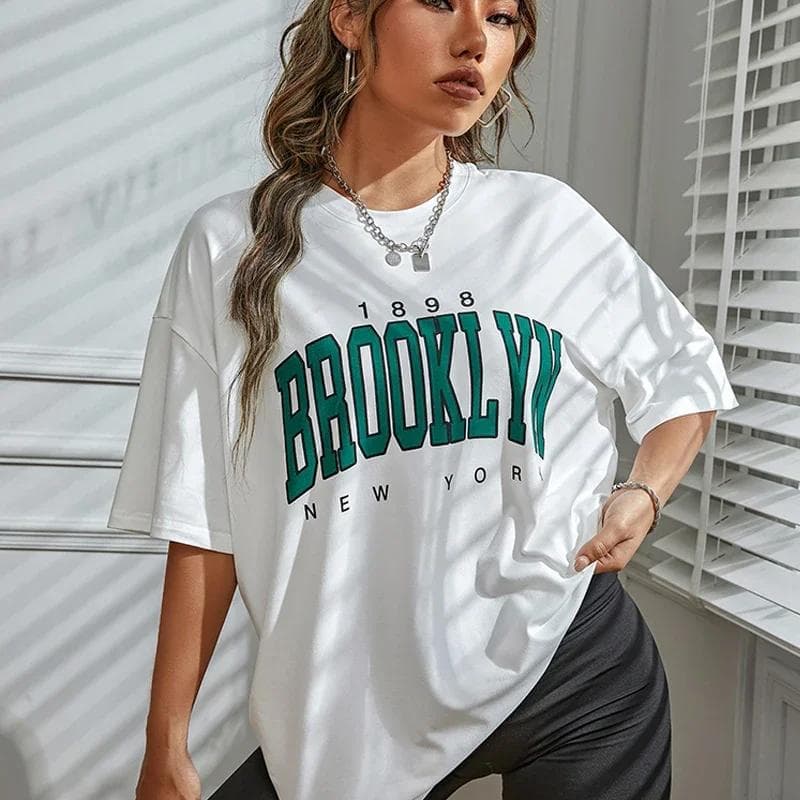 Oversized Women T-Shirt 1898 Brooklyn York Letter Drop Shoulder Print Vintage T Shirt Simple Clothes Female Tshirt Y2K Top XXXL