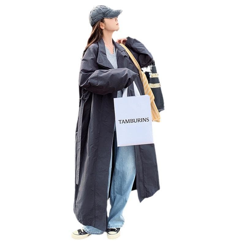Grey Long Stand-up Neck Trench Coat Breasted Casual Loose Coat XL