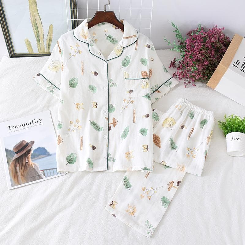 New Spring and Summer Short-sleeved Trousers Pajamas 2-piece Set 100% Cotton Gauze Flower Cartoon Home Wear Set XL