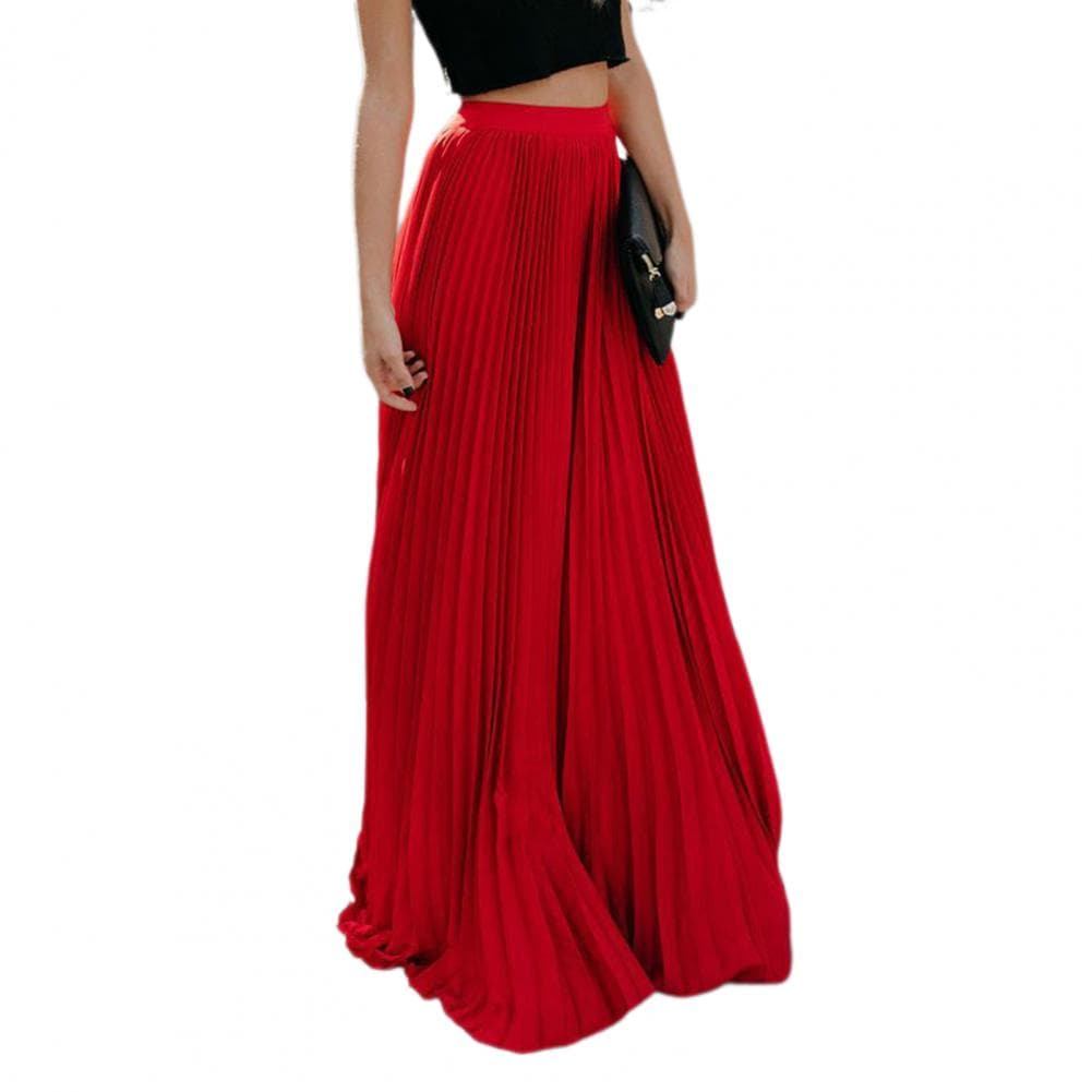Elastic High Waist Pleated Skirt Women Solid Color Large Hem A-Line Long Skirt Work Leisure Skirt Streetwear M red