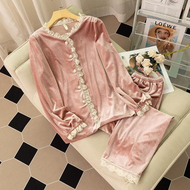 Pajama Set Women's Velvet Long Sleeve Lace Sweet Princess Palace Style Sleepwear Home Wear Loose Casual Nightwear Velour Pijama 2XL