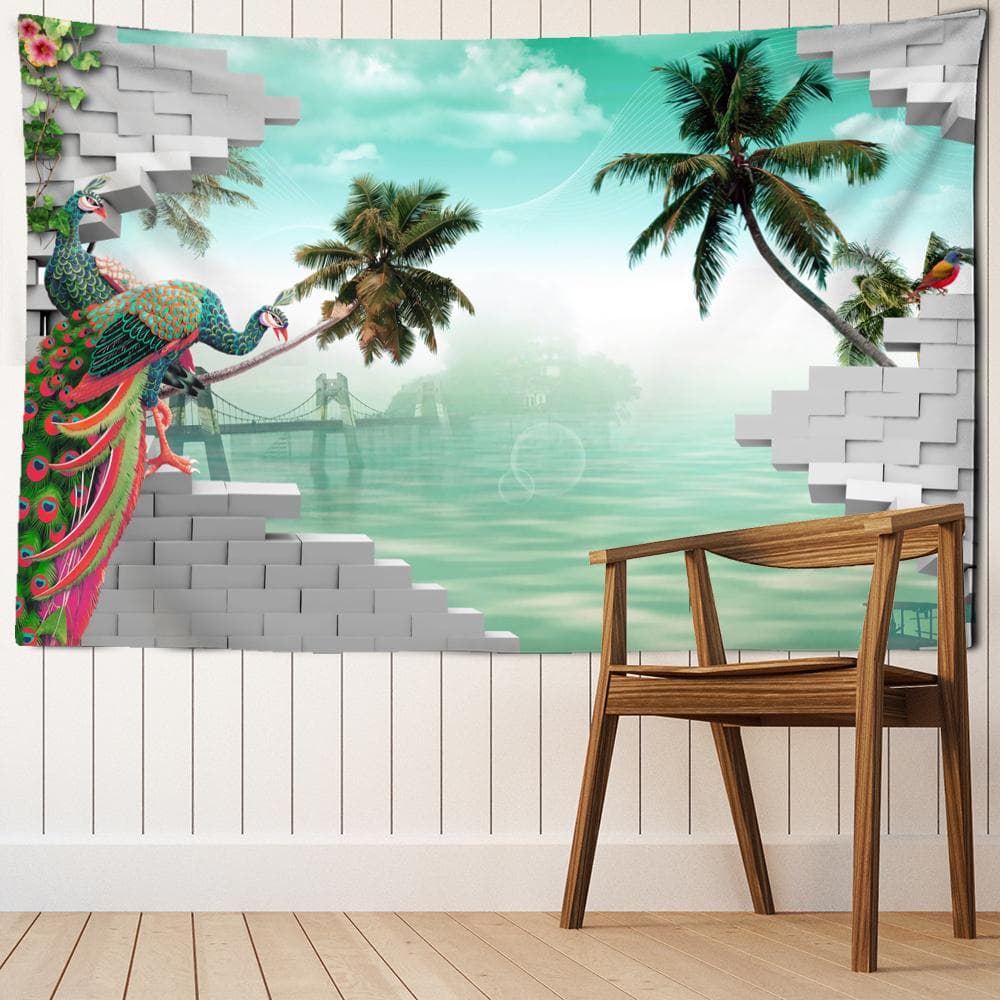 Peacock Ocean Landscape Tapestry Wall Hanging Bohemian Aesthetic Room Hippie Living Room Home Decor Background 95x70cm