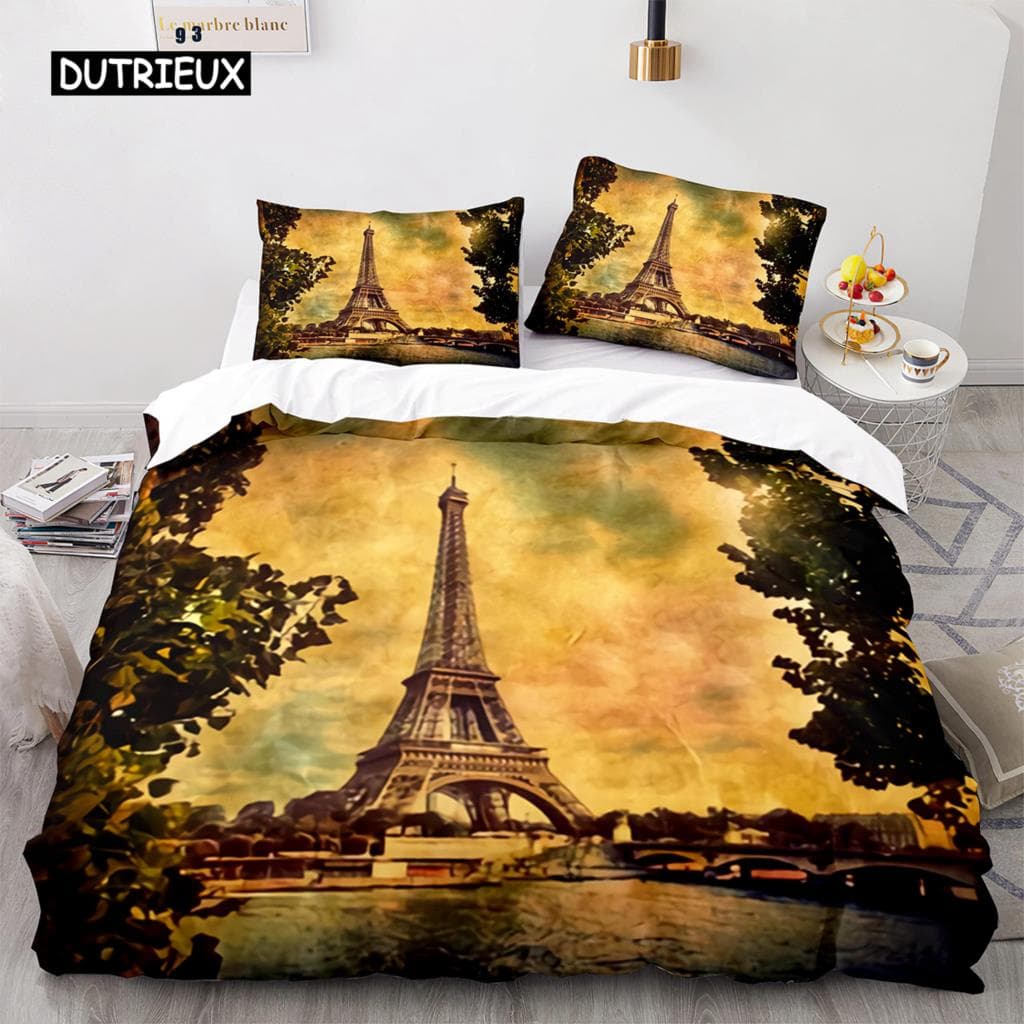Eiffel Tower Duvet Cover Set King Size Paris Cityscape Twin Bedding Set Modern French Style Polyester Comforter Cover Boys Girls EU single(135x200cm)