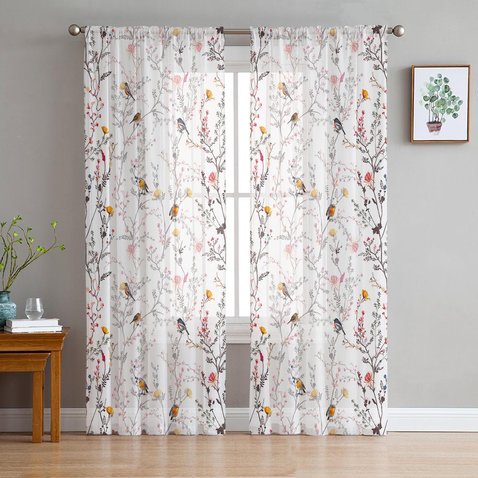 Spring Bird Sun Flower Orchid Retro Voile Sheer Curtains Living Room Window Tulle Curtain Kitchen Bedroom Drapes Home Decor 135W x 114H(cm)