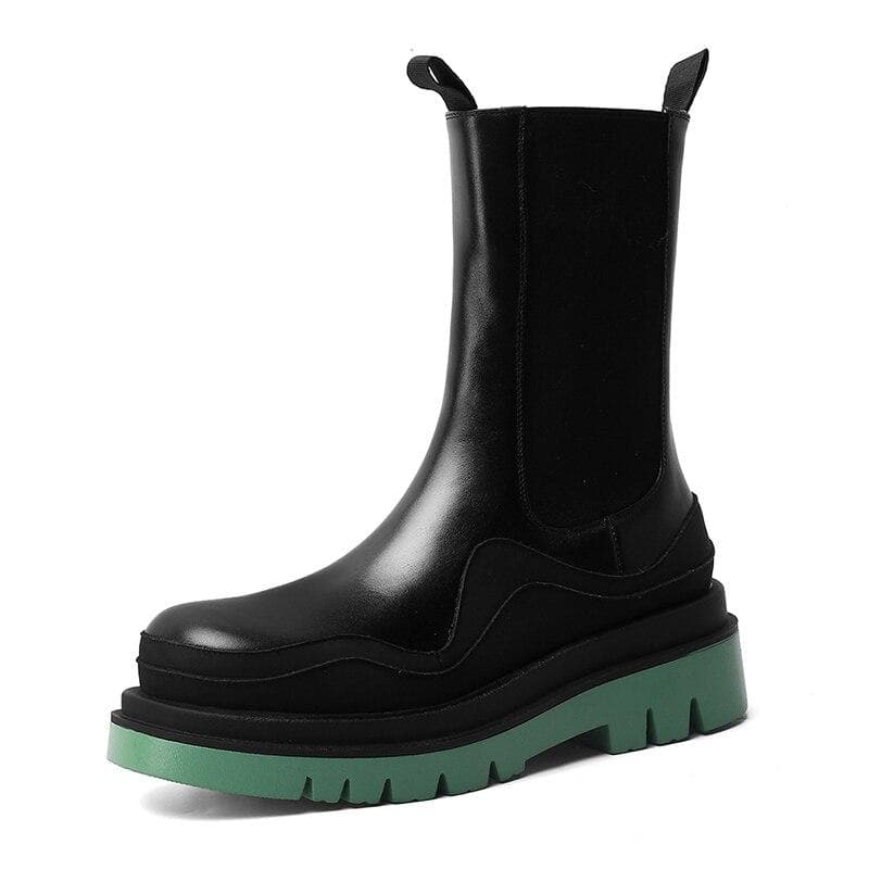 Women Genuine Leather Thick Bottom Spring Autumn Mid Boots Shoes Elastic Combat Boots 40 green