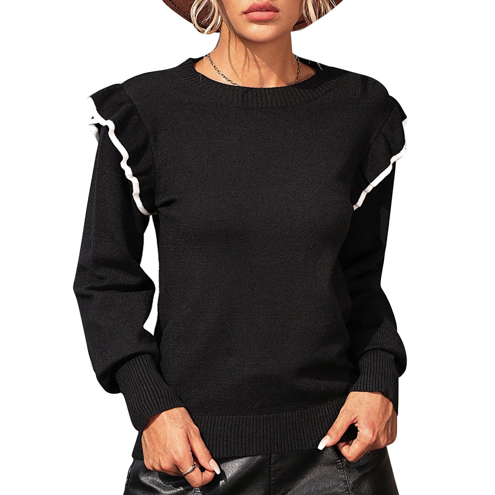 Women Loose Sweater Ruffle Trim Round Neck Long Sleeves Pure Color Casual Knitted Top Black XL XL black
