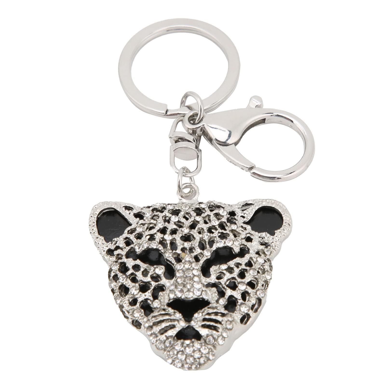 Keychain Exquisite RhinestoneEncrusted Leopard Head Car Bag Pendant for Girl Birthday Gift(Silver ) silver