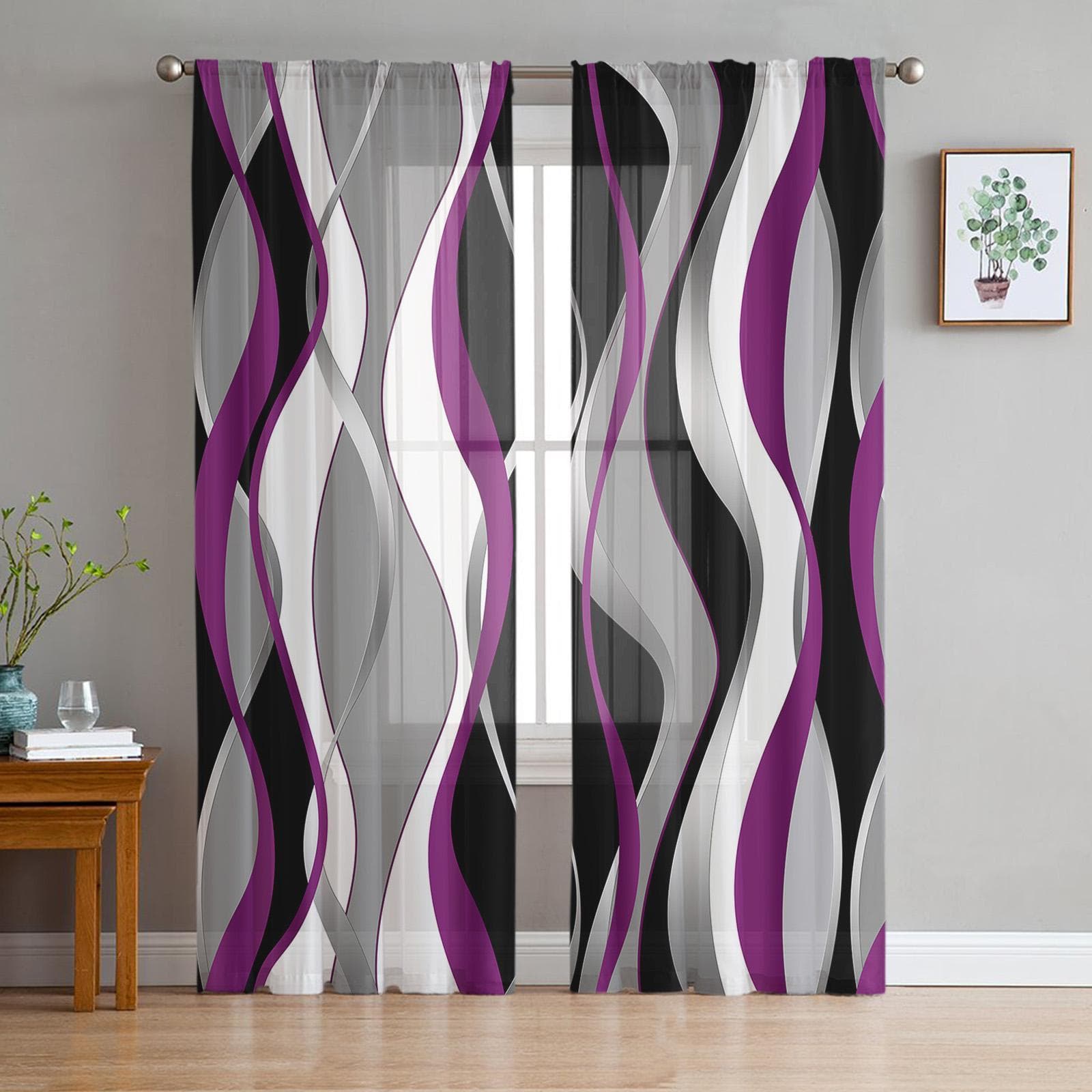 Stereo Abstract Line Gradient Purple Voile Sheer Curtains Living Room Window Tulle Curtain Kitchen Bedroom Drapes Home Decor 135W x 114H(cm)