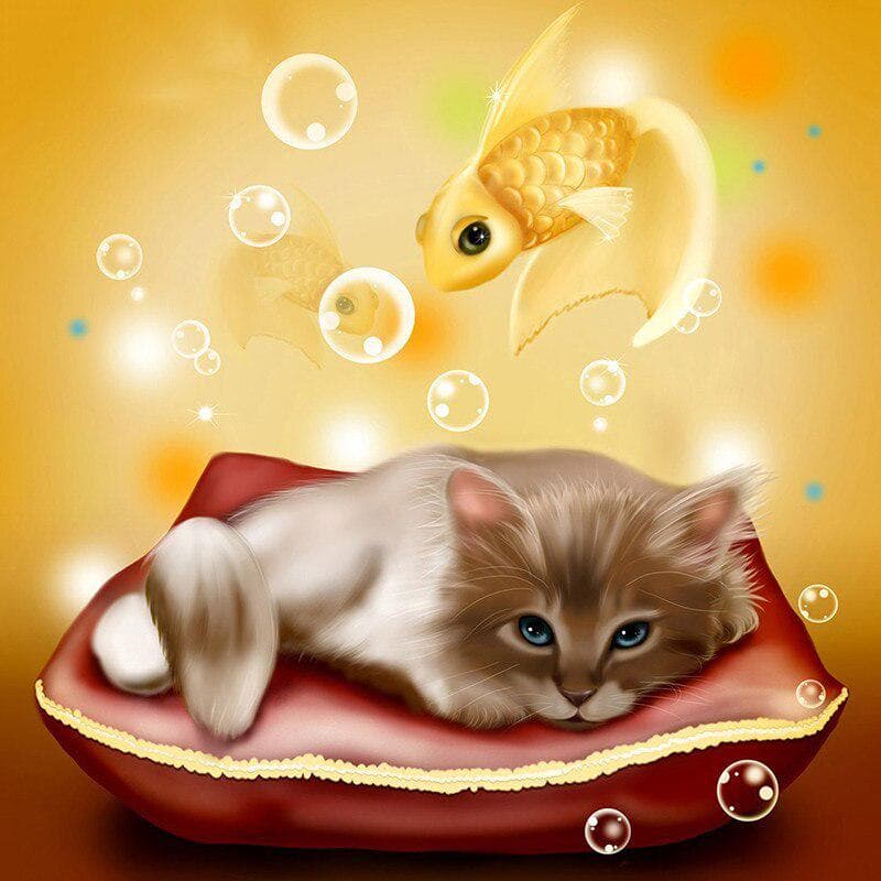 DIY 5D Diamond Cats and Goldfish Cross Stitch Diamond Embroidery Patterns Rhinestones 30x30CM