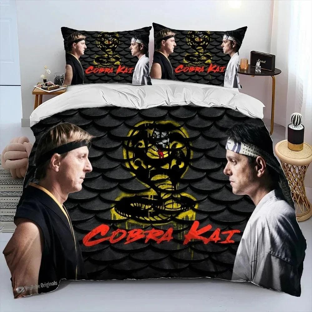 3D Print Cobra Kai Karate Bedding Set Duvet Cover Bed Set Quilt Cover Pillowcase Comforter king Queen Size Boys Adult Bedding 150X200cm-3pcs